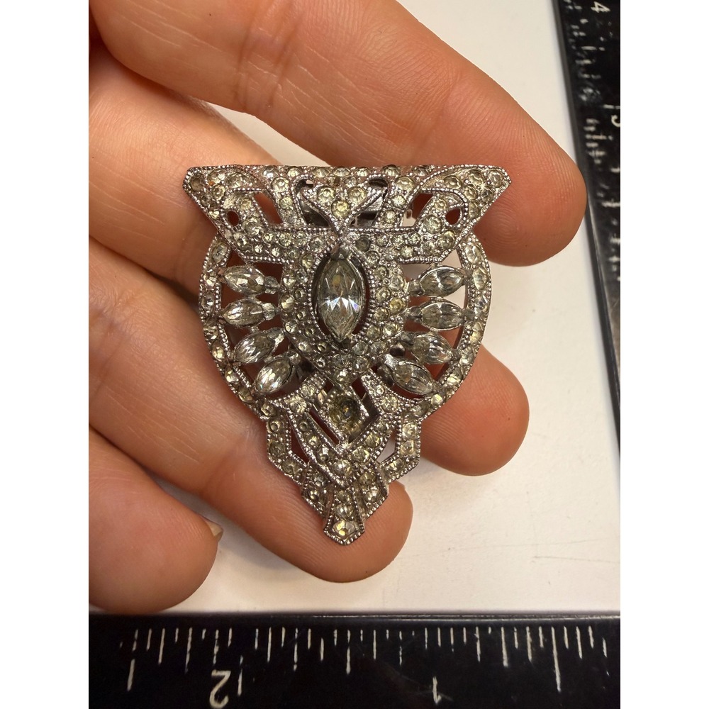 Vintage Art Deco Rhinestone Dress Clip Silver Tone PAT 1852188 Mid Century